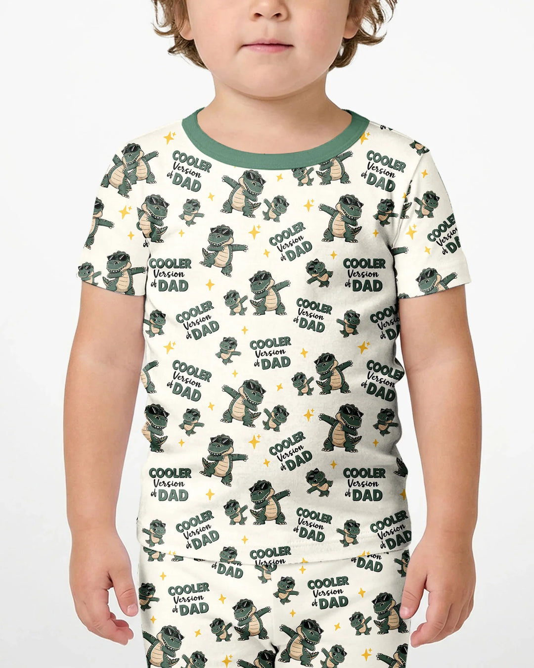 Genial conjunto de pijama de dos piezas de bambú de manga corta y pantalón corto a juego para papá y yo con diseño de dinosaurio.