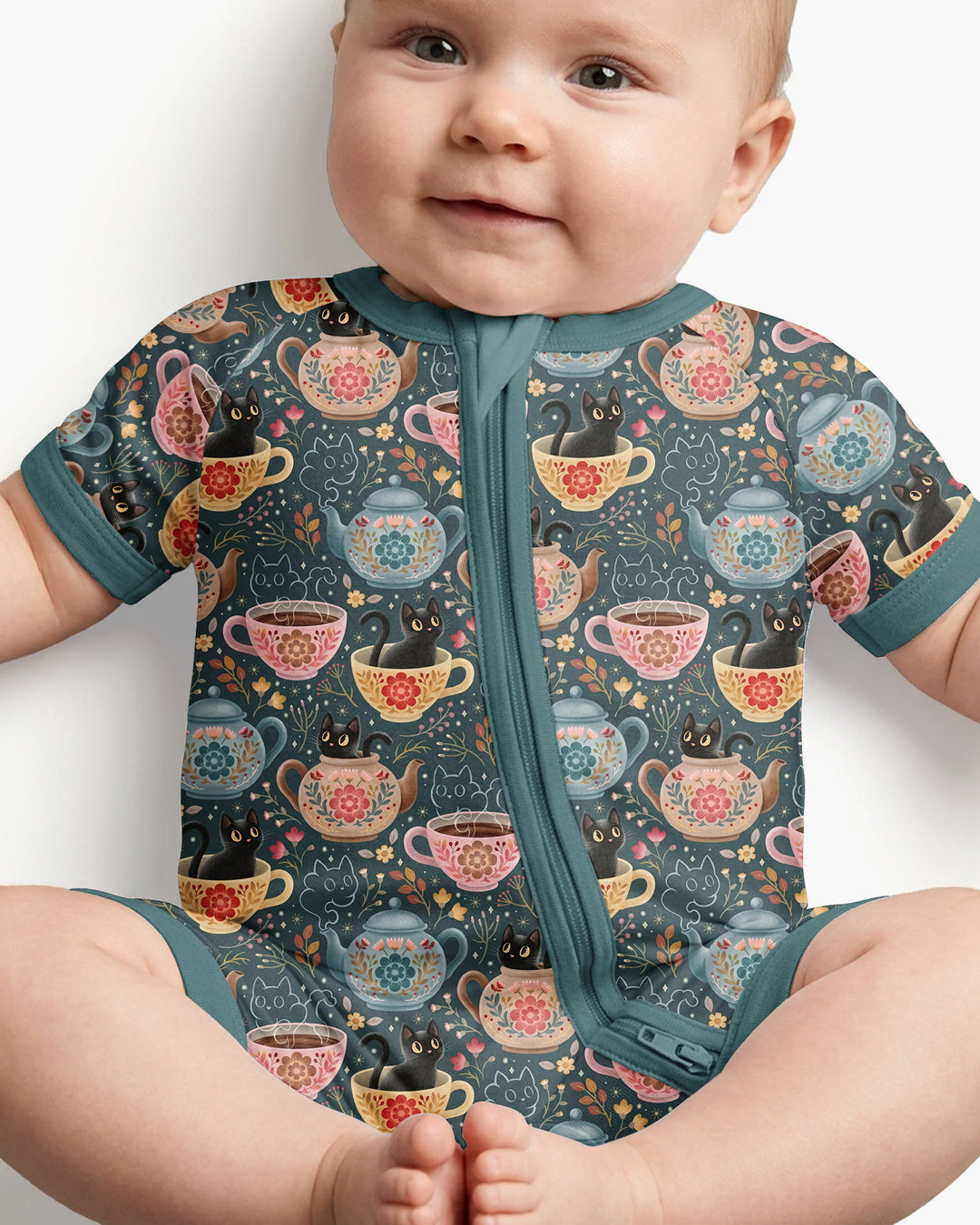 Folk Floral Black Cat Tea Party Bamboo Shorty Zippy