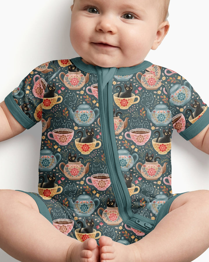 Folk Floral Black Cat Tea Party Bamboo Shorty Zippy