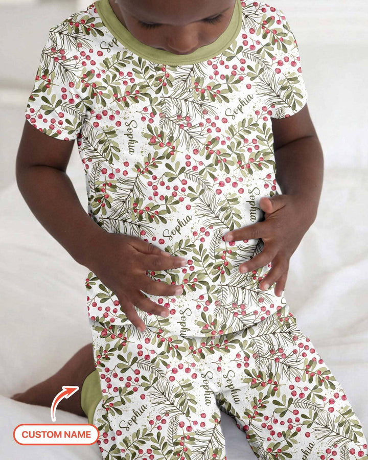 Custom Name Birth Month Flowers Bamboo Two Piece Short Sleeve Pajama Set