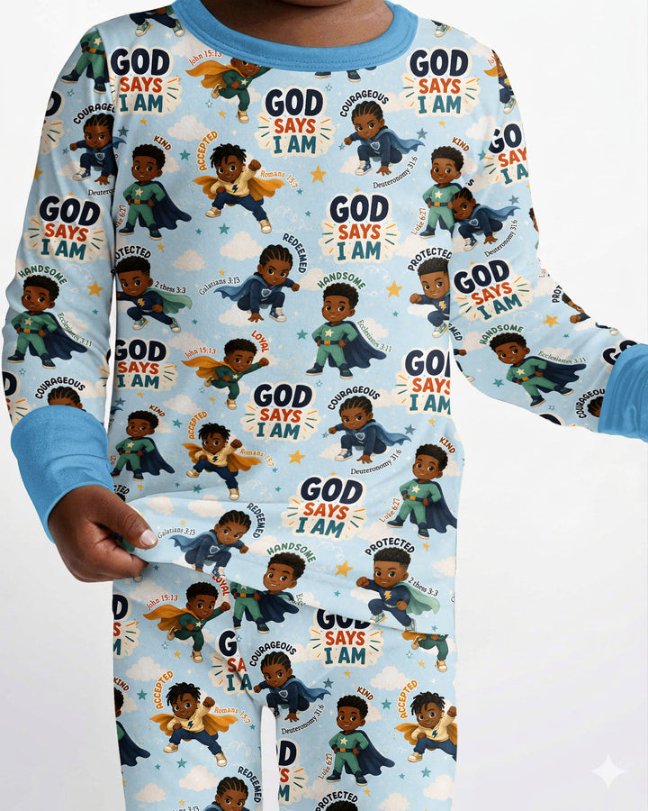 God Says I Am Black Superheroes Bamboo Two Piece Long Sleeve Pajama Set