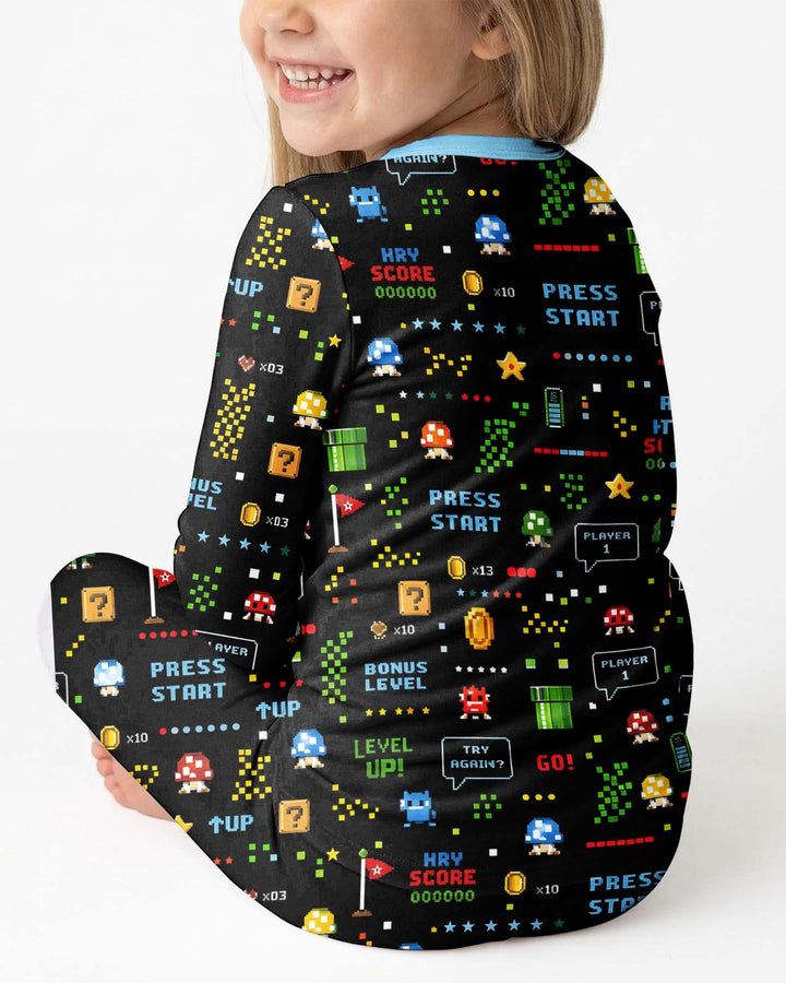 Pijama de dos piezas de manga larga de bambú con motivos de amantes de los videojuegos Pixel