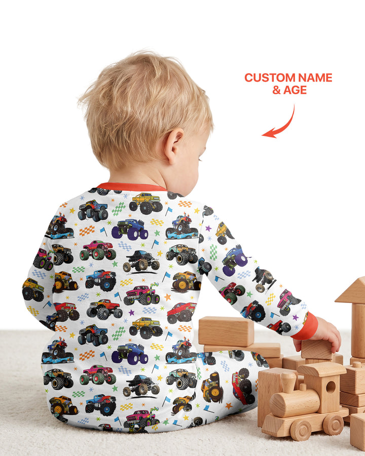Monster Truck Birthday Boy Custom Name & Age Bamboo Two Piece Long Sleeve Pajama Set
