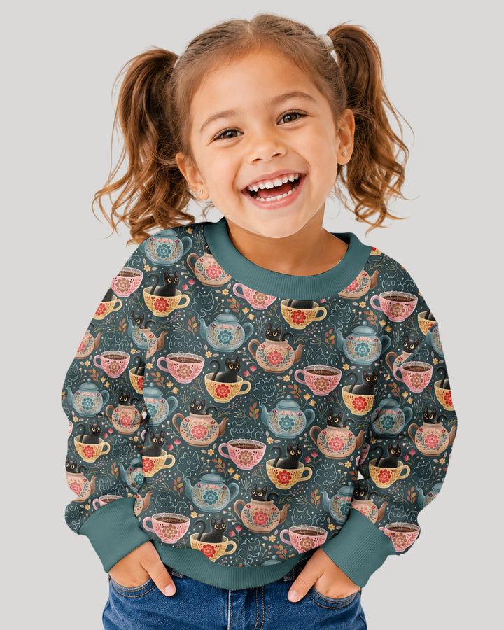 Folk Floral Black Cat Tea Party Bamboo Crewneck Sweatshirt