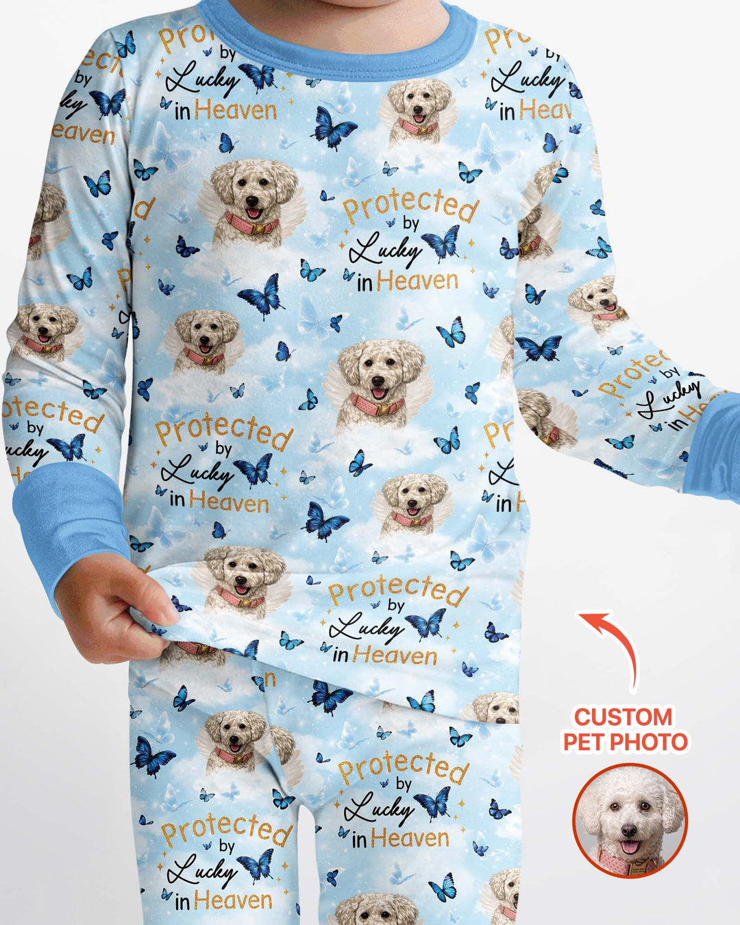 Custom Pet Photo Protected By Heaven Family Matching Bamboo Two Piece Long Sleeve Pajama Set