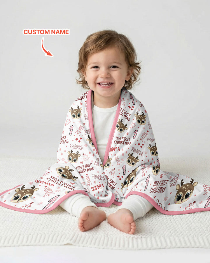 Custom Name Cute Reindeer My First Christmas Bamboo Blanket