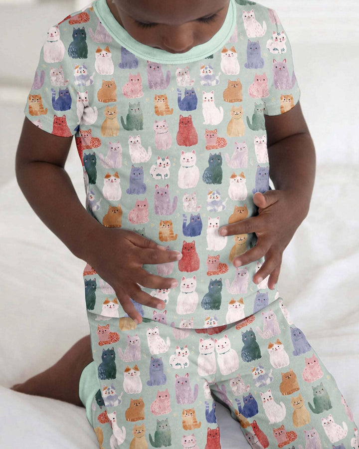 Enchanted Happy Kitty Family Matching Bamboo Two Piece Short Sleeve Pajama Set