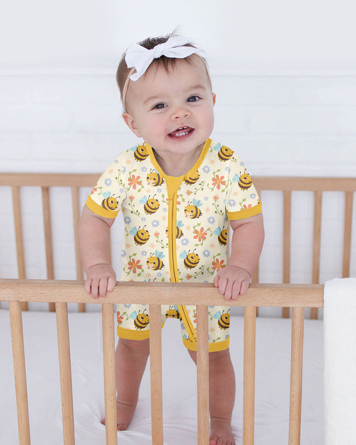 Bees and Flowers Bamboo Shorty Zippered Romper