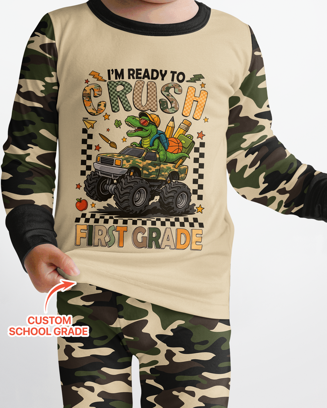 Back To School Monster Truck Dino Bamboo Two Piece Long Sleeve Pajama Set