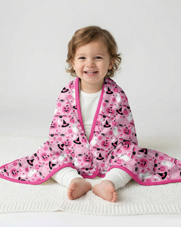 Cute Pink Halloween Ghost Pumpkin Witch Bamboo Blanket