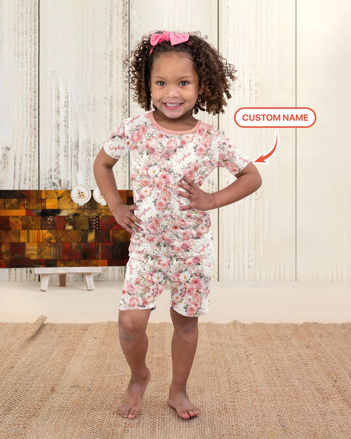 Custom Name Birth Month Flowers Bamboo Two Piece Short Sleeve Shorts Pajama Set