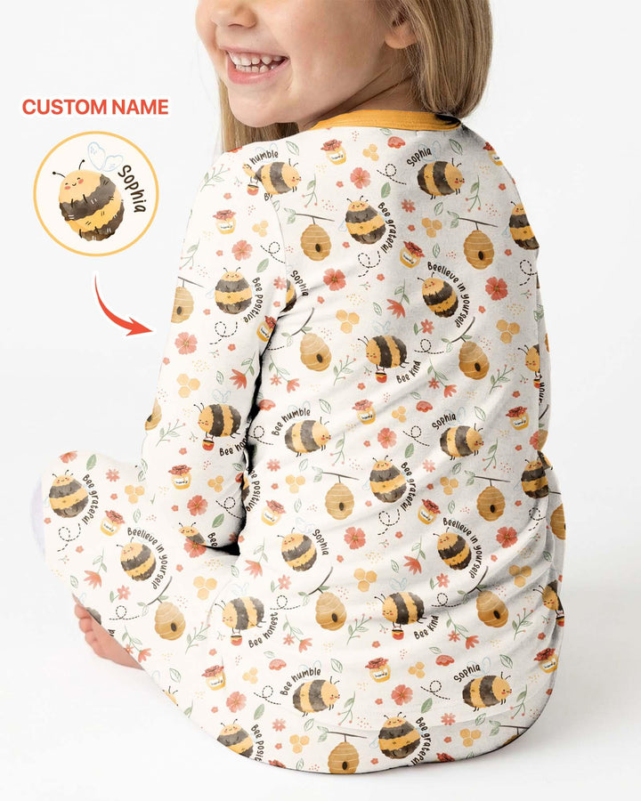 Bee Kind Custom Name Bamboo Two Piece Long Sleeve Pajama Set