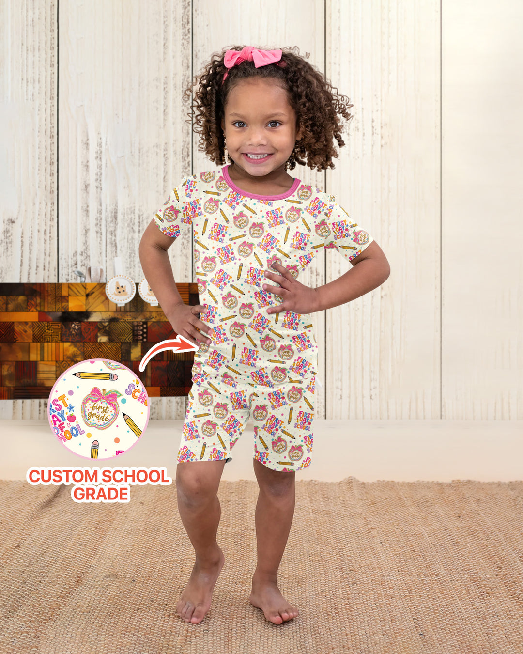 Custom School Grade First Day Cutie Bamboo Two Piece Short Sleeve Shorts Pajama Set