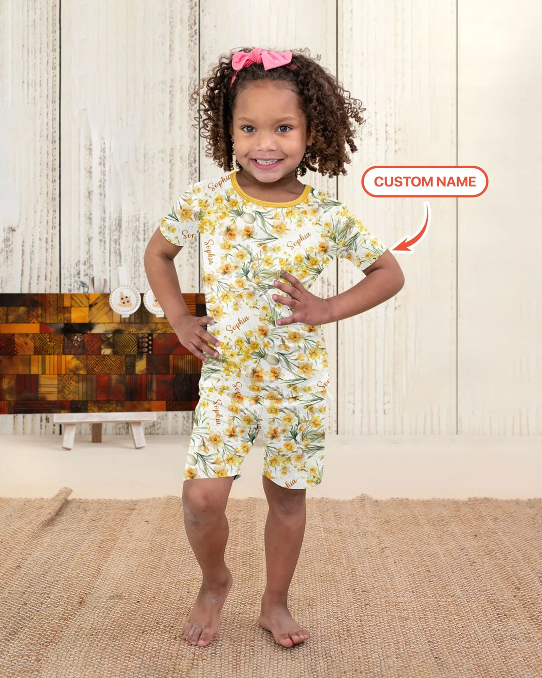 Custom Name Birth Month Flowers Bamboo Two Piece Short Sleeve Shorts Pajama Set