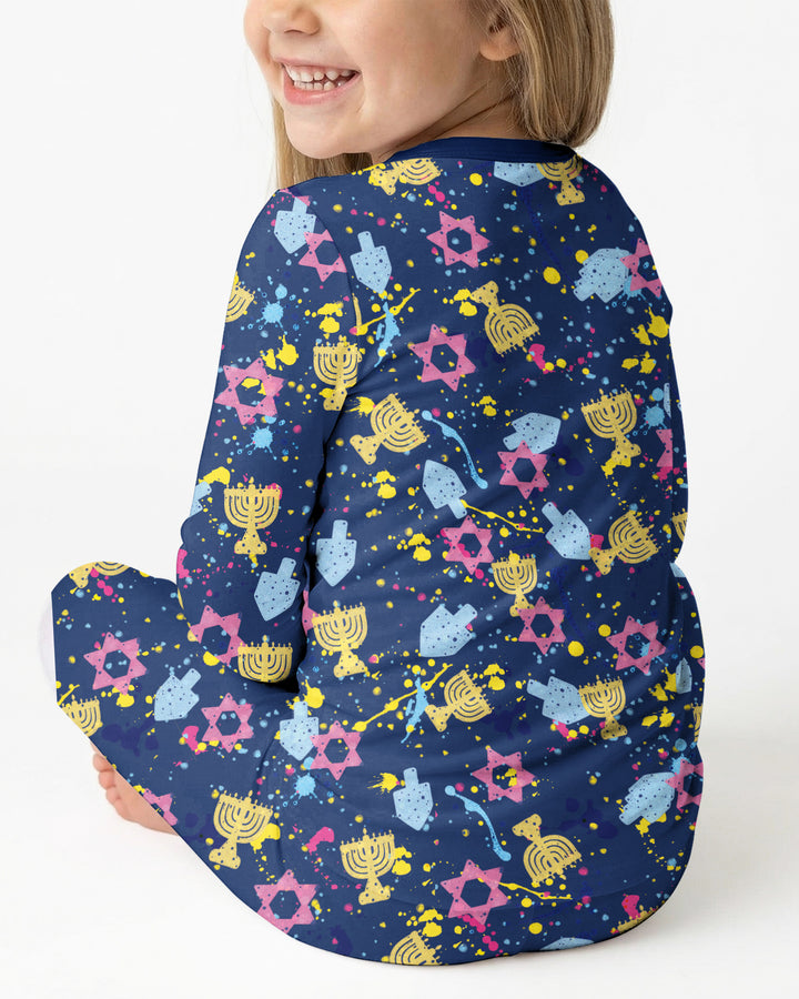 Hanukkah Family Splatter Paint  Bamboo Two Piece Long Sleeve Pajama Set