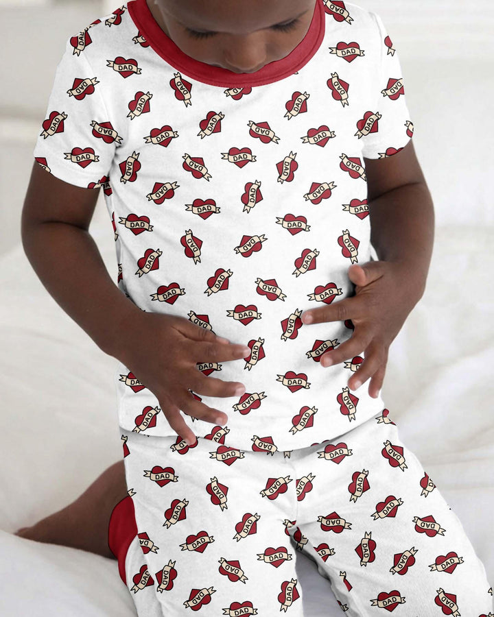 Old School Dad Hearts Daddy & Me Matching Bamboo Two Piece Short Sleeve Pajama Set