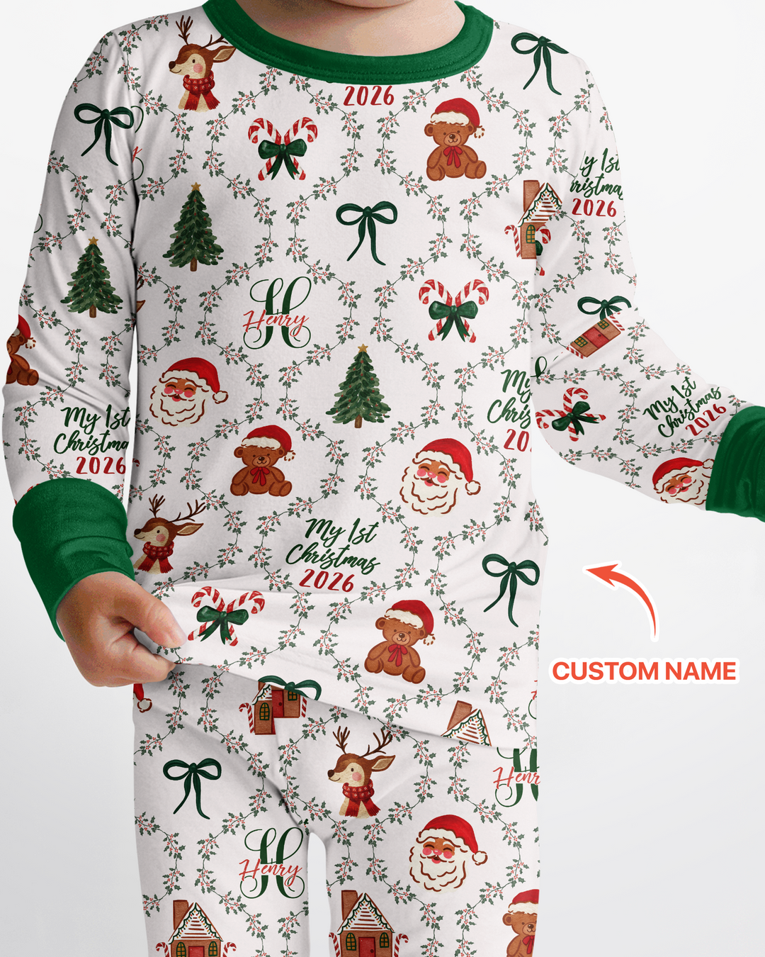 Custom name "Fancy Monogram Green Christmas 2026" Bamboo Two Piece Long Sleeve Pajama Set