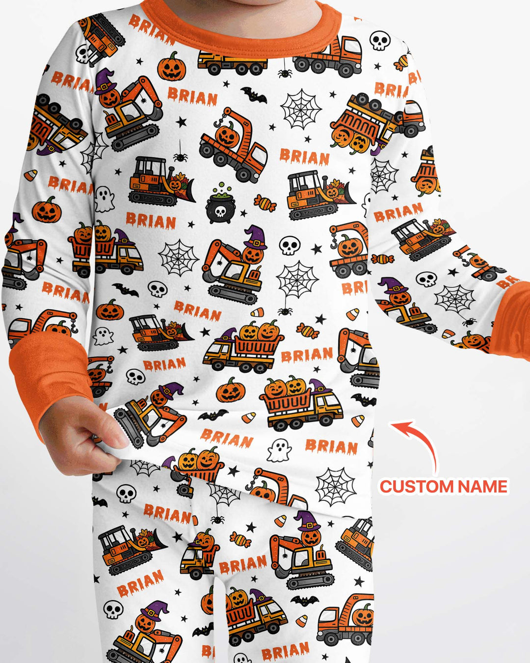 Custom Name Halloween Construction Trucks Bamboo Two Piece Long Sleeve Pajama Set
