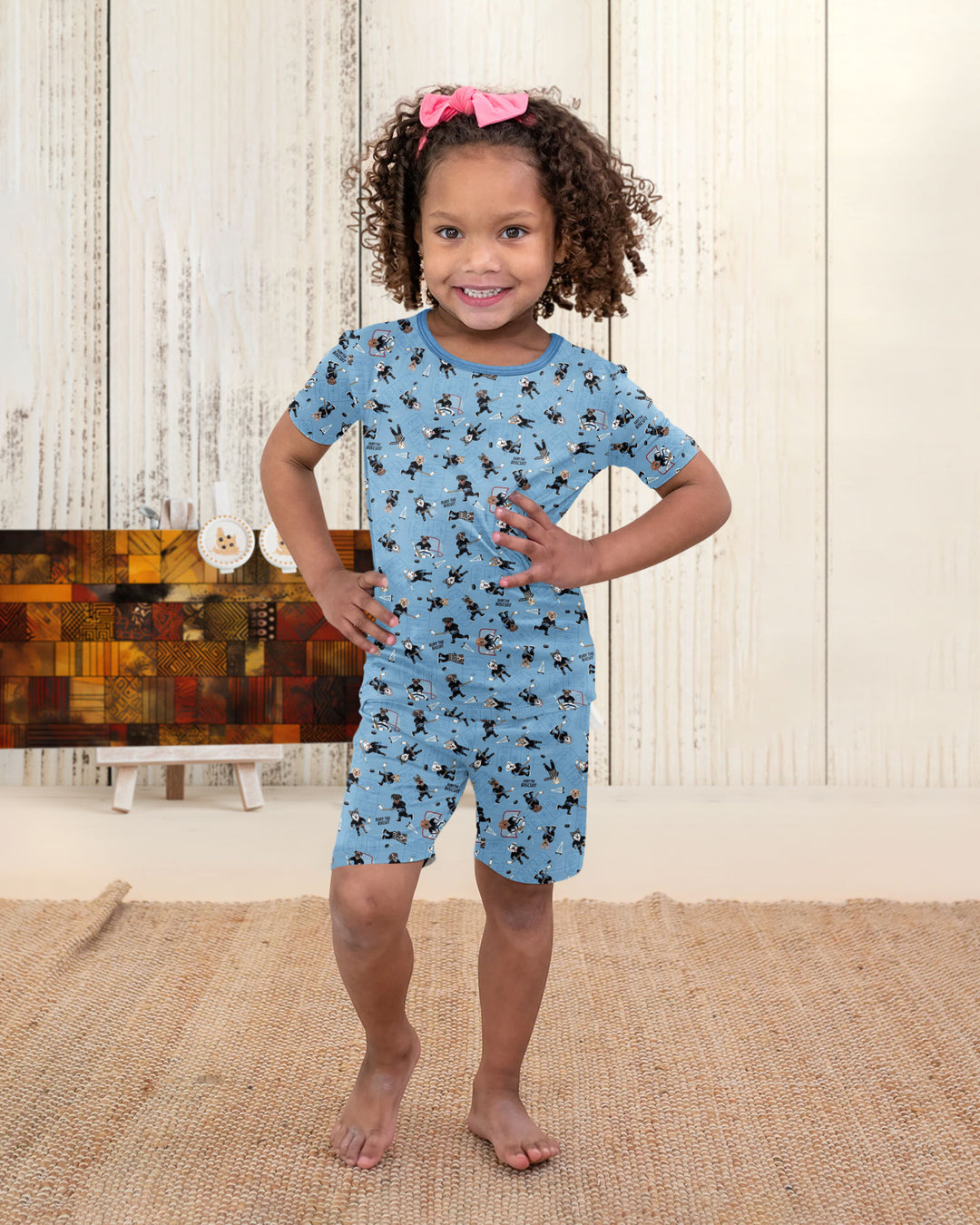 Hockey Dogs - Blue and Black Bamboo Two Piece Short Sleeve Shorts Pajama Set