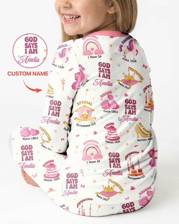 God Says I Am Custom Name - Dreamy Princess Bamboo Two Piece Long Sleeve Pajama Set