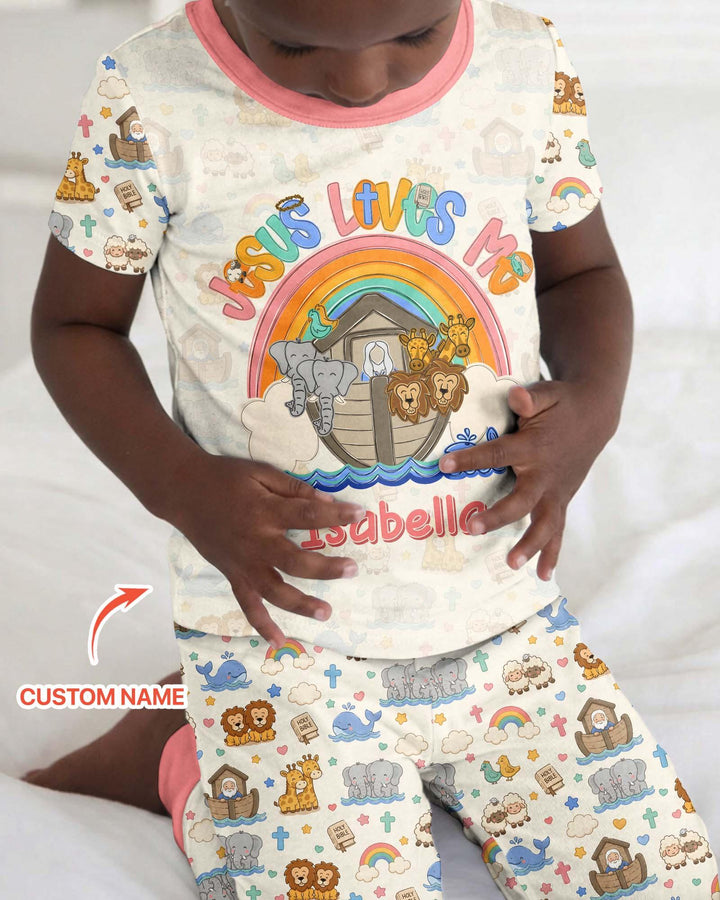 Custom Name Noah's Ark Jesus Loves Me Bamboo Two Piece Short Sleeve Pajama Set