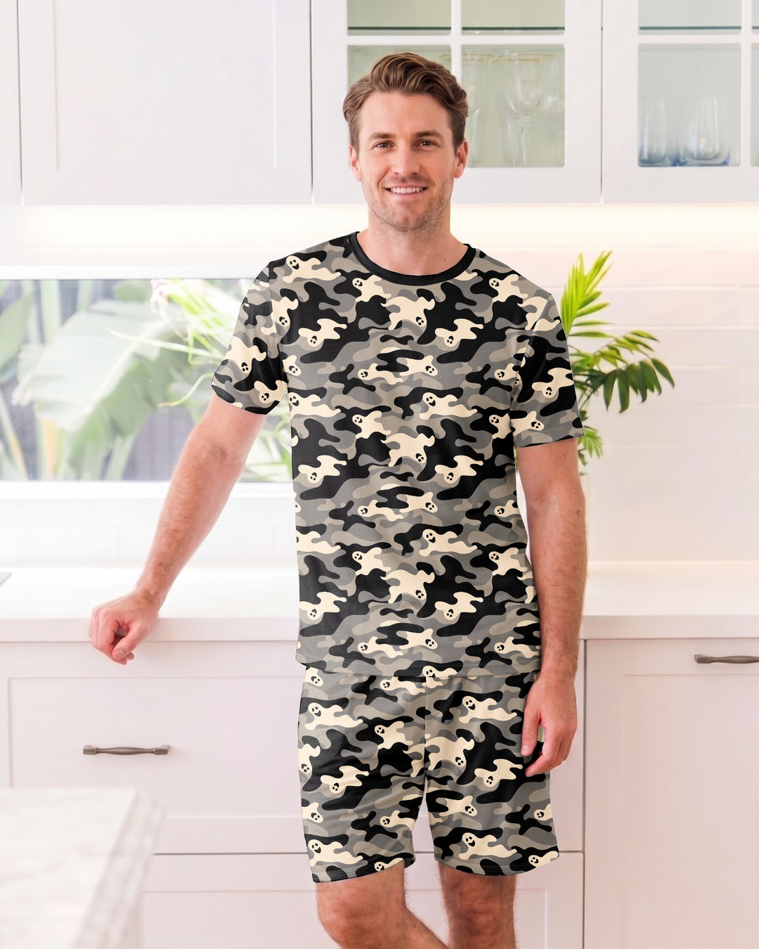 Camo Halloween Ghost Bamboo Men Short Sleeve Short Pajama Set