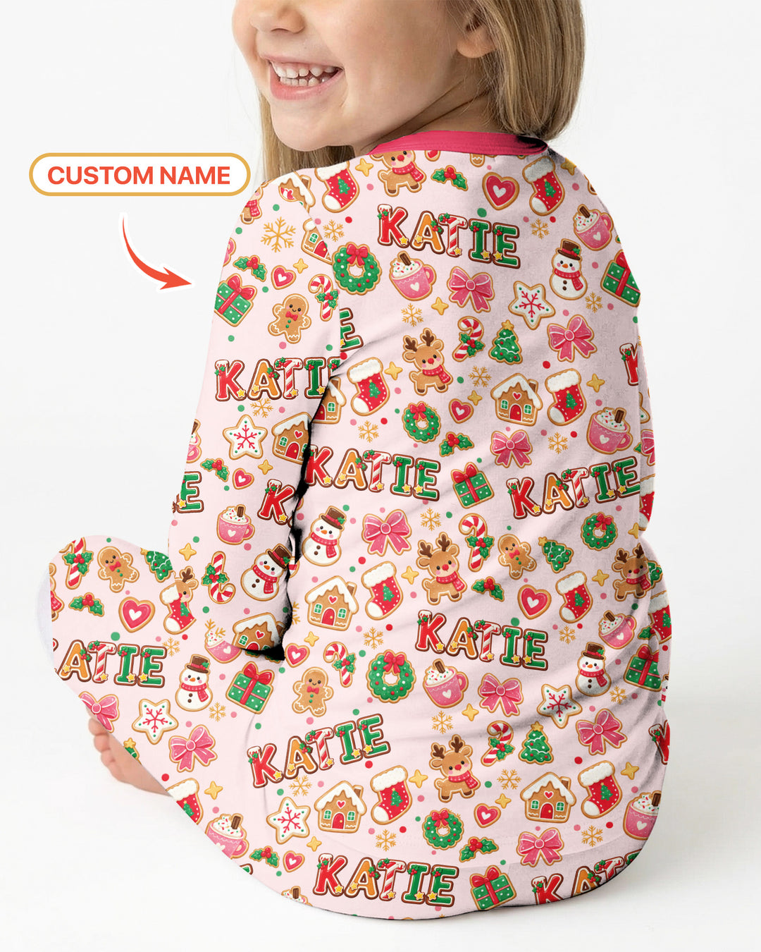 Pink GingerBread Custom Name Bamboo Two Piece Long Sleeve Pajama Set