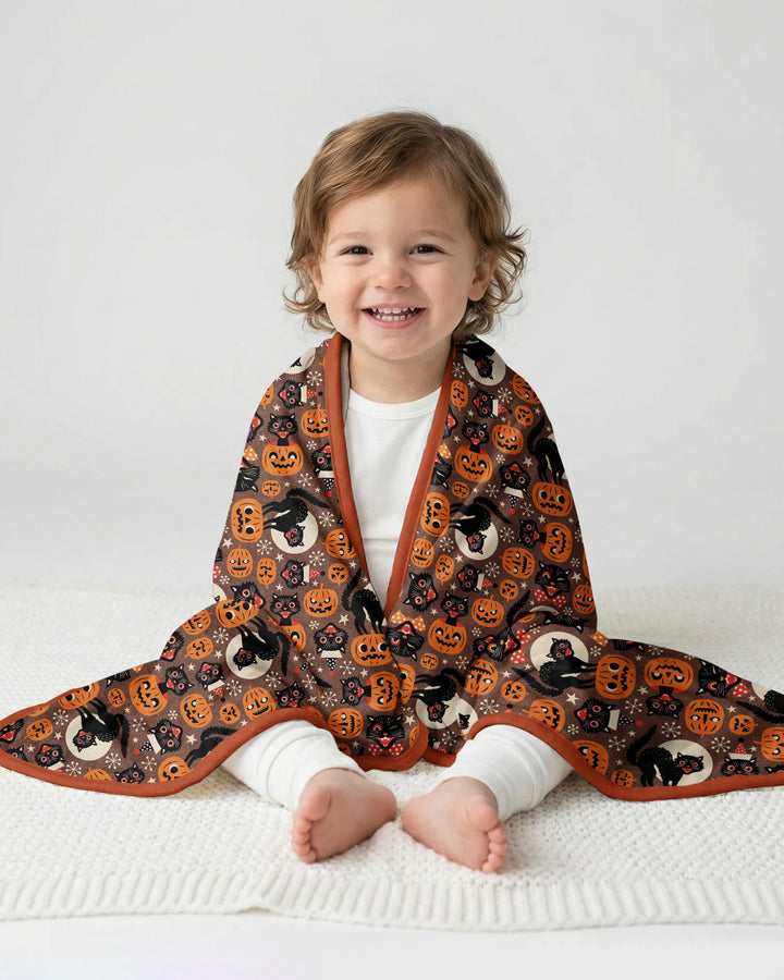 Vintage Halloween Black Cat Pumpkin Bamboo Blanket