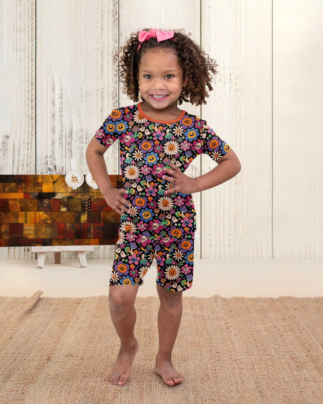 Halloween Flowers Bamboo Two Piece Short Sleeve Shorts Pajama Set
