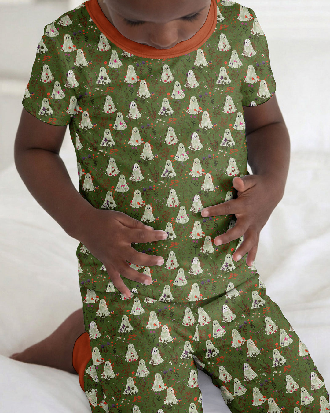 Cute Ghost Halloween Moss Green Floral Bamboo Two Piece Short Sleeve Pajama Set