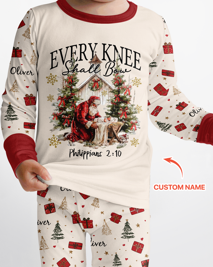 Every Knee Shall Bow Custom Name Mommy And Me Matching Bamboo Two Piece Long Sleeve Pajama Set
