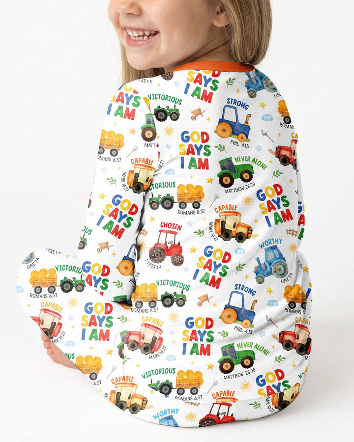 Farm Vehicles God Says I am Bamboo Two Piece Long Sleeve Pajama Set
