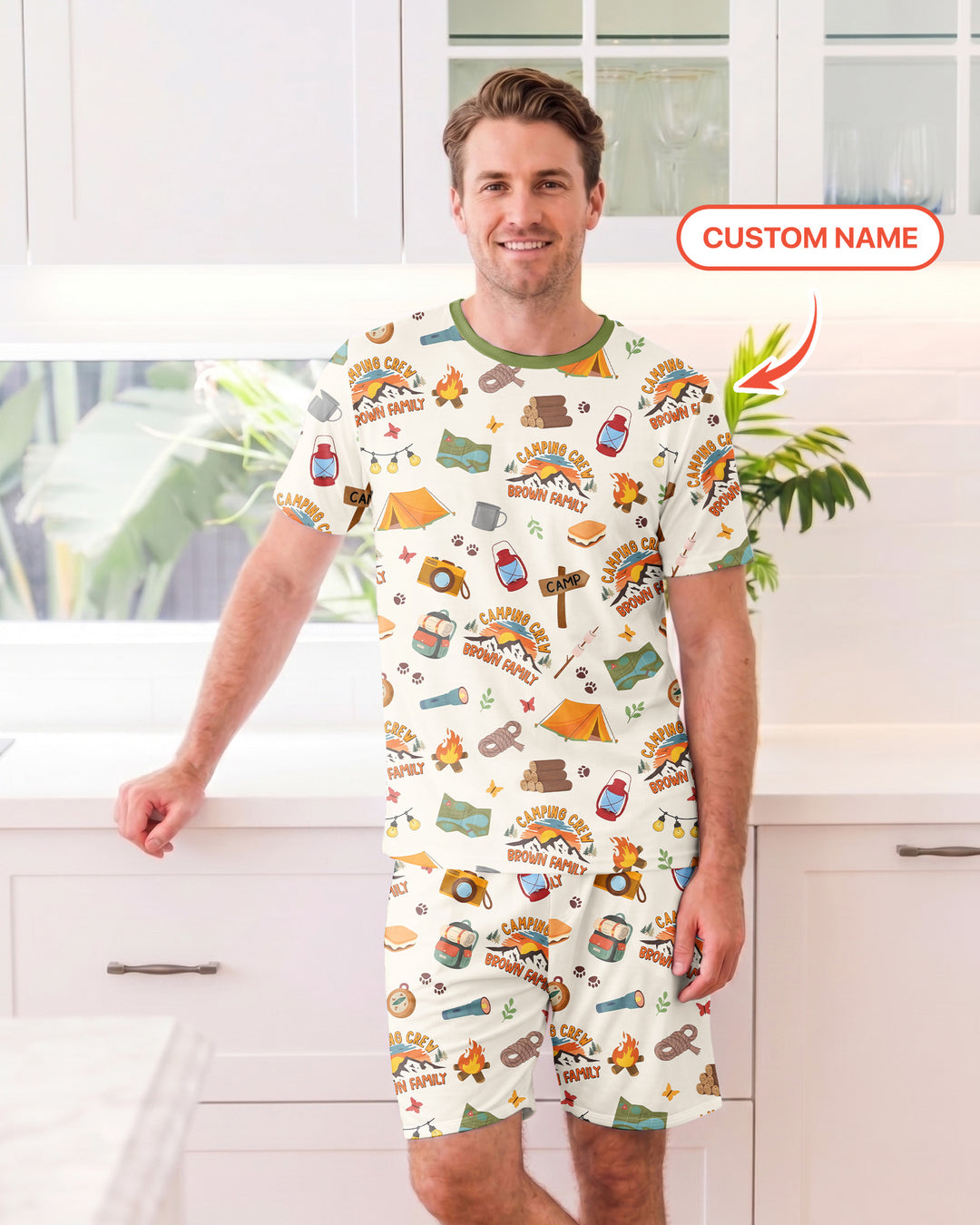 Custom Name Camping Crew Family Matching Bamboo Men Short Sleeve Short Pajama Set