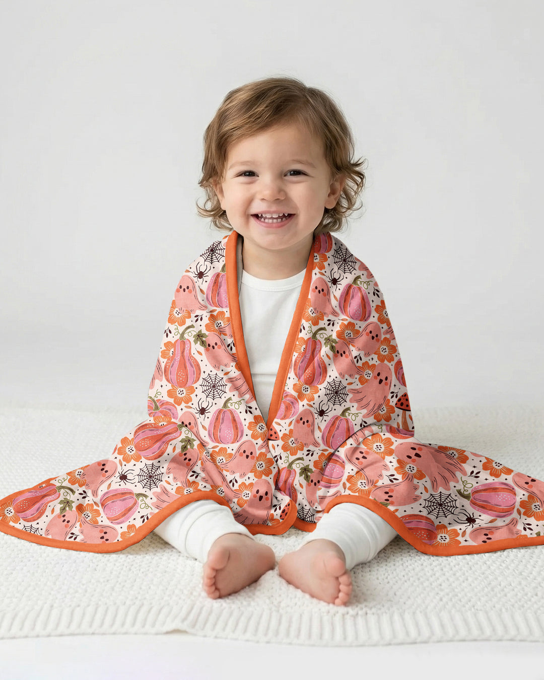 Pink Ghost Pumpkin Fall Floral Halloween Bamboo Blanket