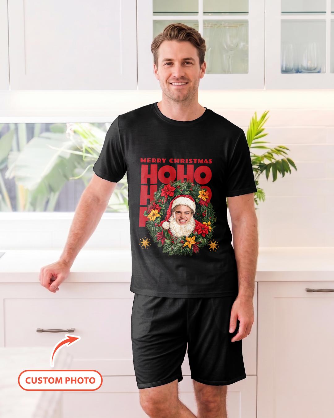 Personalized Photo Christmas Santa Bamboo Men Short Sleeve Short Pajama Set