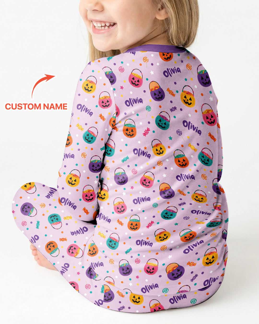 Custom Colorful Trick Or Treat Halloween Candy Bag Bamboo Two Piece Long Sleeve Pajama Set