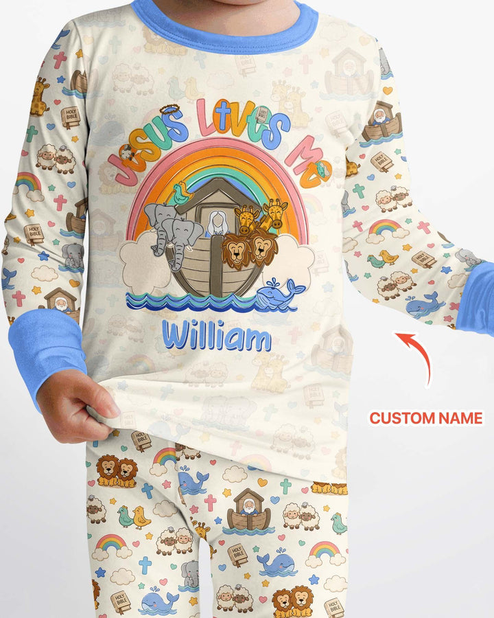 Custom Name Noah's Ark Jesus Loves Me Bamboo Two Piece Long Sleeve Pajama Set
