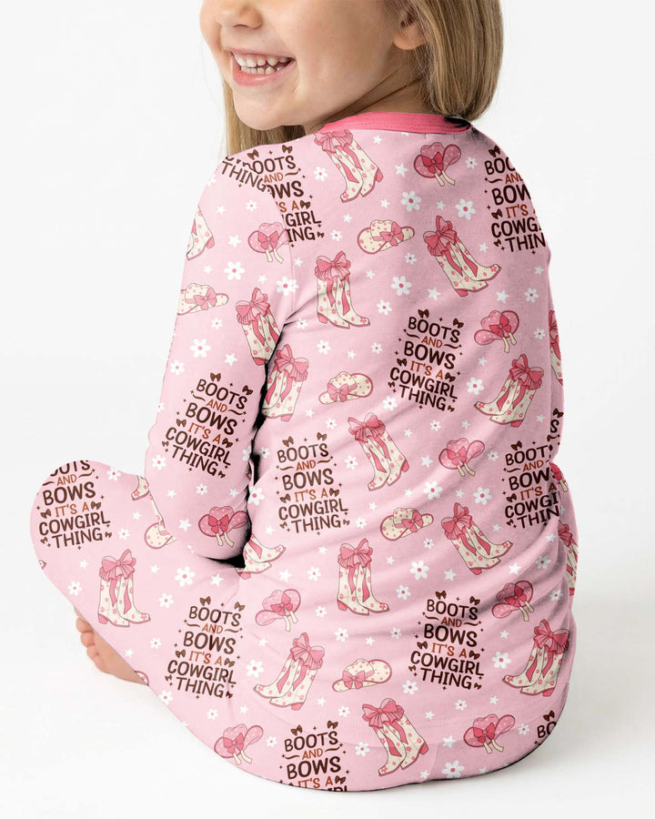 Western Cowgirl Boots And Bows Bamboo Two Piece Long Sleeve Pajama Set