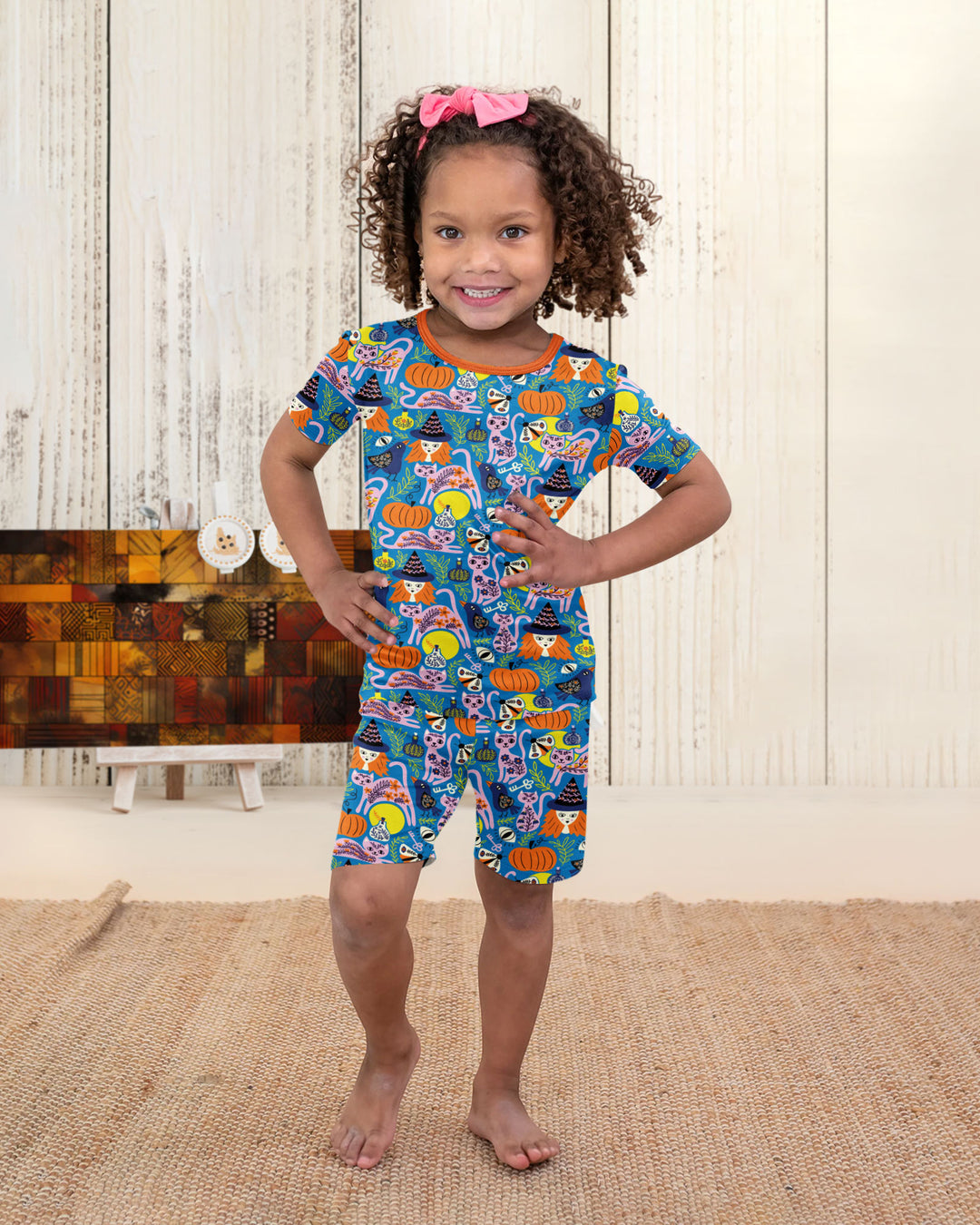 Whimsical Witch Cats Bamboo Two Piece Short Sleeve Shorts Pajama Set