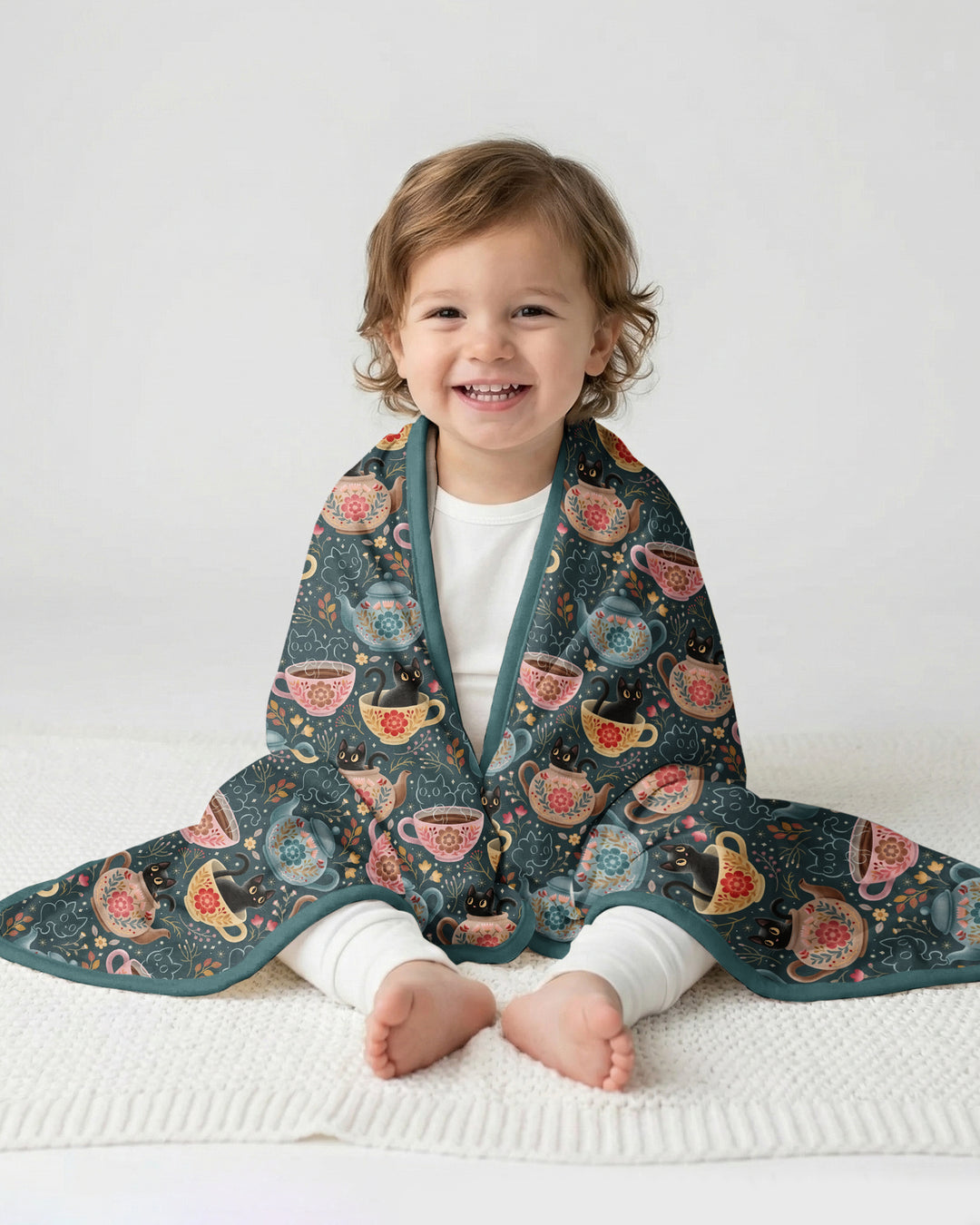 Folk Floral Black Cat Tea Party Bamboo Blanket