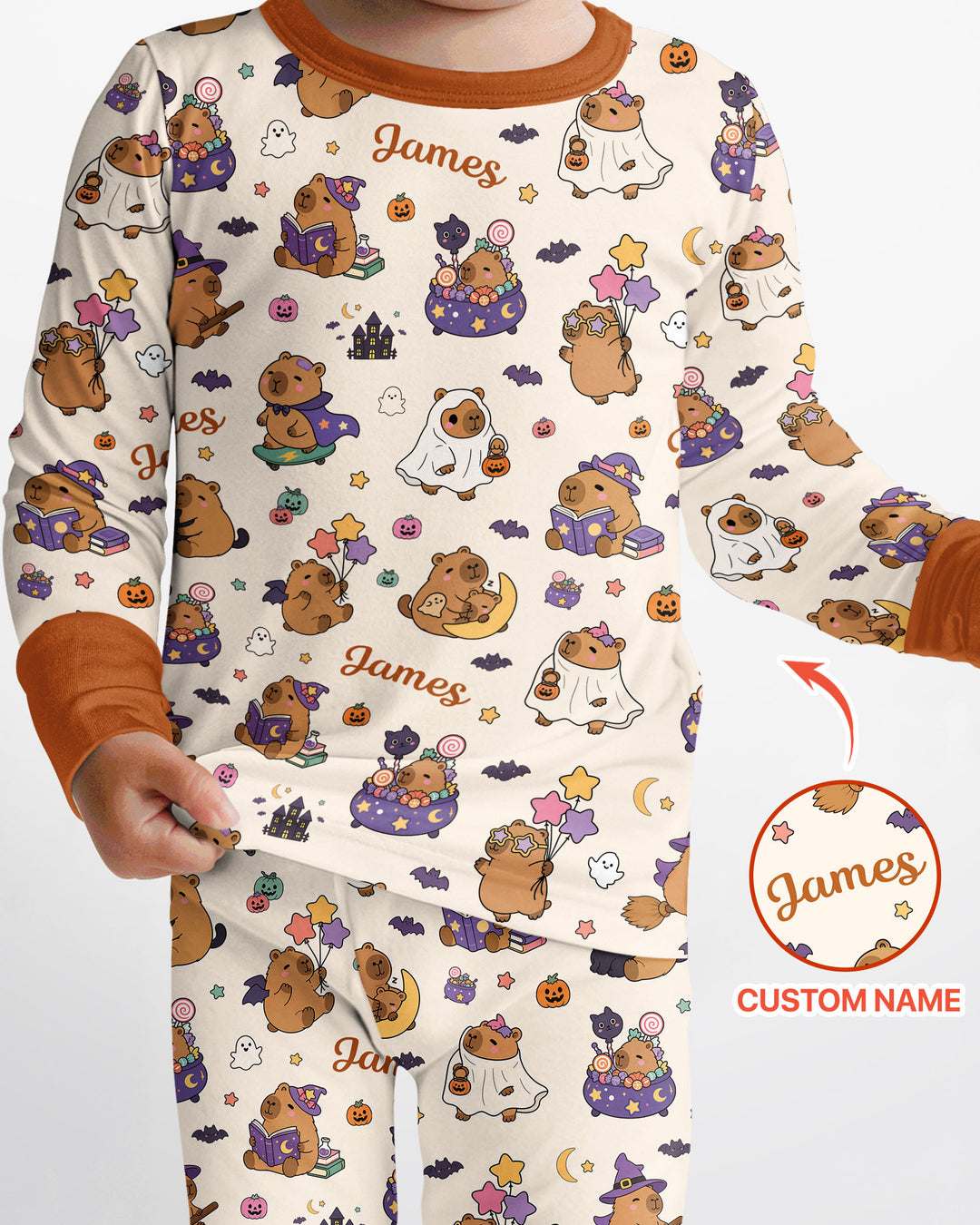 Custom Name Kawaii Halloween Capybara Bamboo Two Piece Long Sleeve Pajama Set