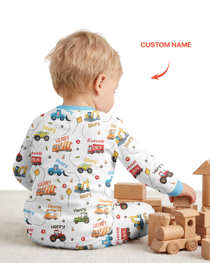 Construction Vehicles Custom Name Bamboo Two Piece Long Sleeve Pajama Set