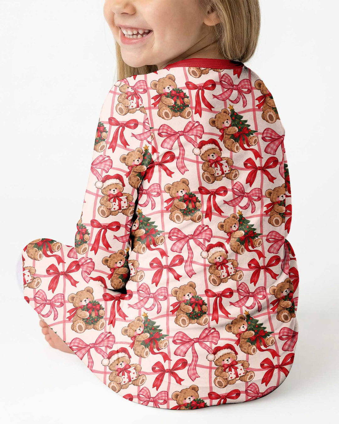 Pink Christmas Teddy Bear Plaid Mommy & Me Matching Bamboo Two Piece Long Sleeve Pajama Set