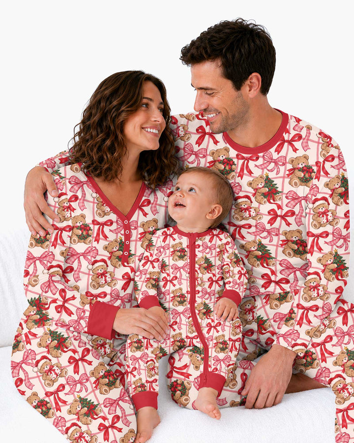 Pink Christmas Teddy Bear Plaid Mommy & Me Matching Bamboo Women Pajama Set