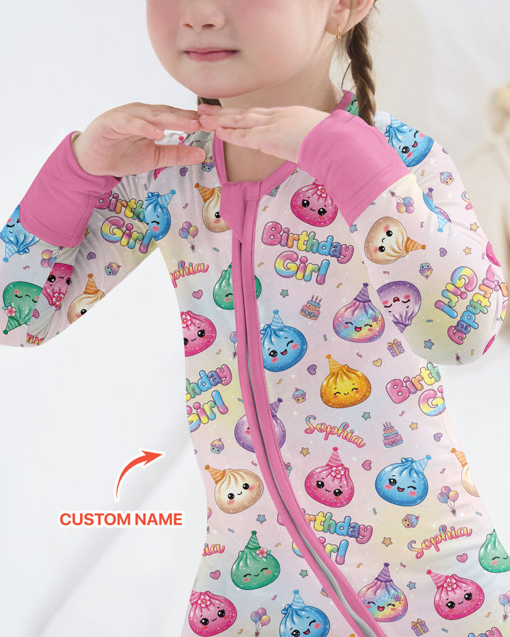 Custom Name Glitter Dumpling Birthday Girl Bamboo Convertible Zippy