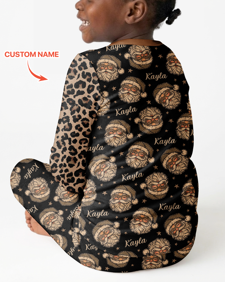 Custom Name Vintage Leopard Santa Bamboo Two Piece Long Sleeve Pajama Set