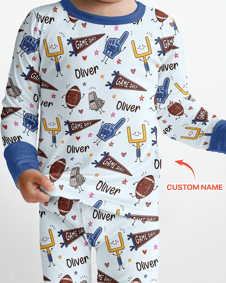 Custom Name Football Game Day Bamboo Two Piece Long Sleeve Pajama Set