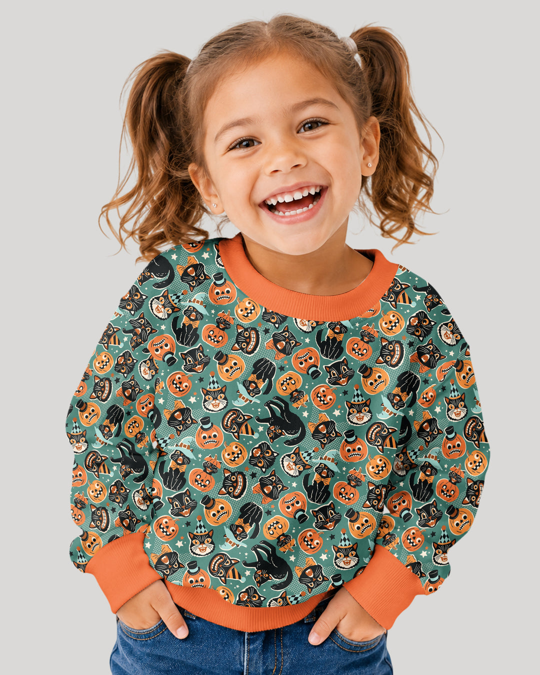 Retro Black Cat Witch Pumpkin Halloween Bamboo Crewneck Sweatshirt
