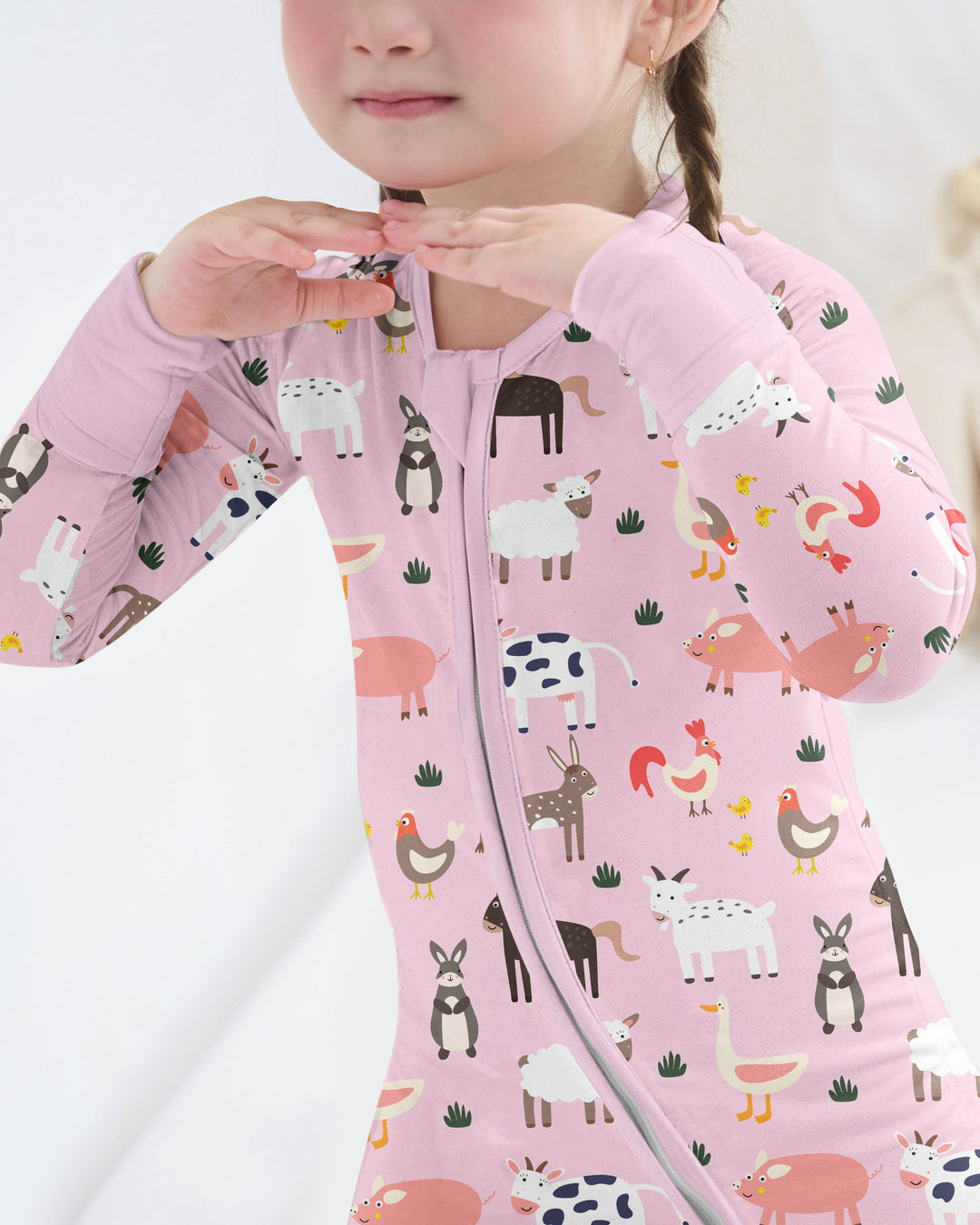 Pink Farm Animals Bamboo Convertible Zippered Romper