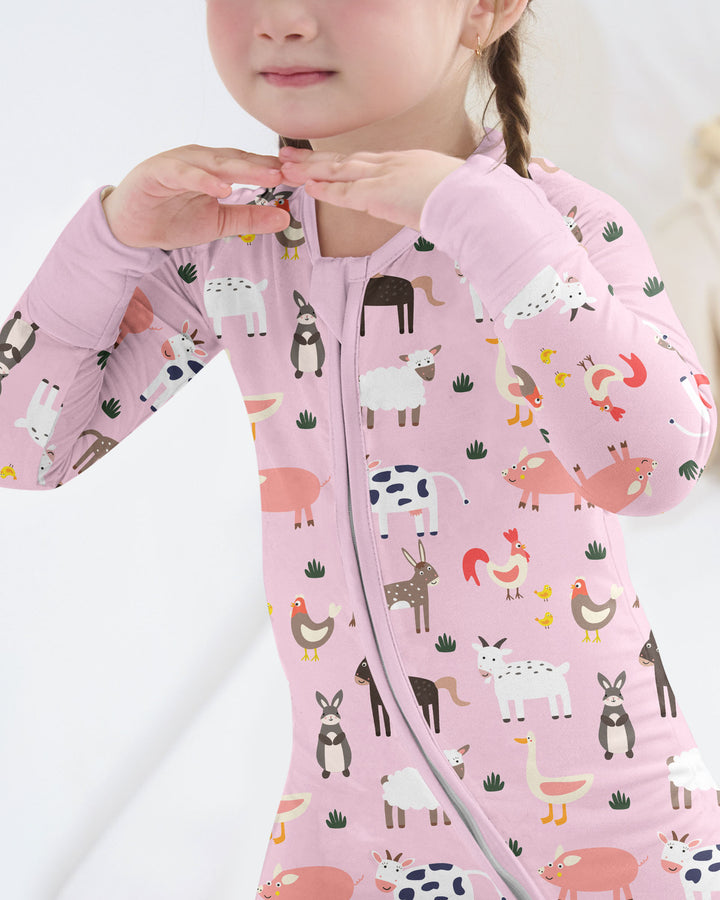 Pink Farm Animals Bamboo Convertible Zippered Romper